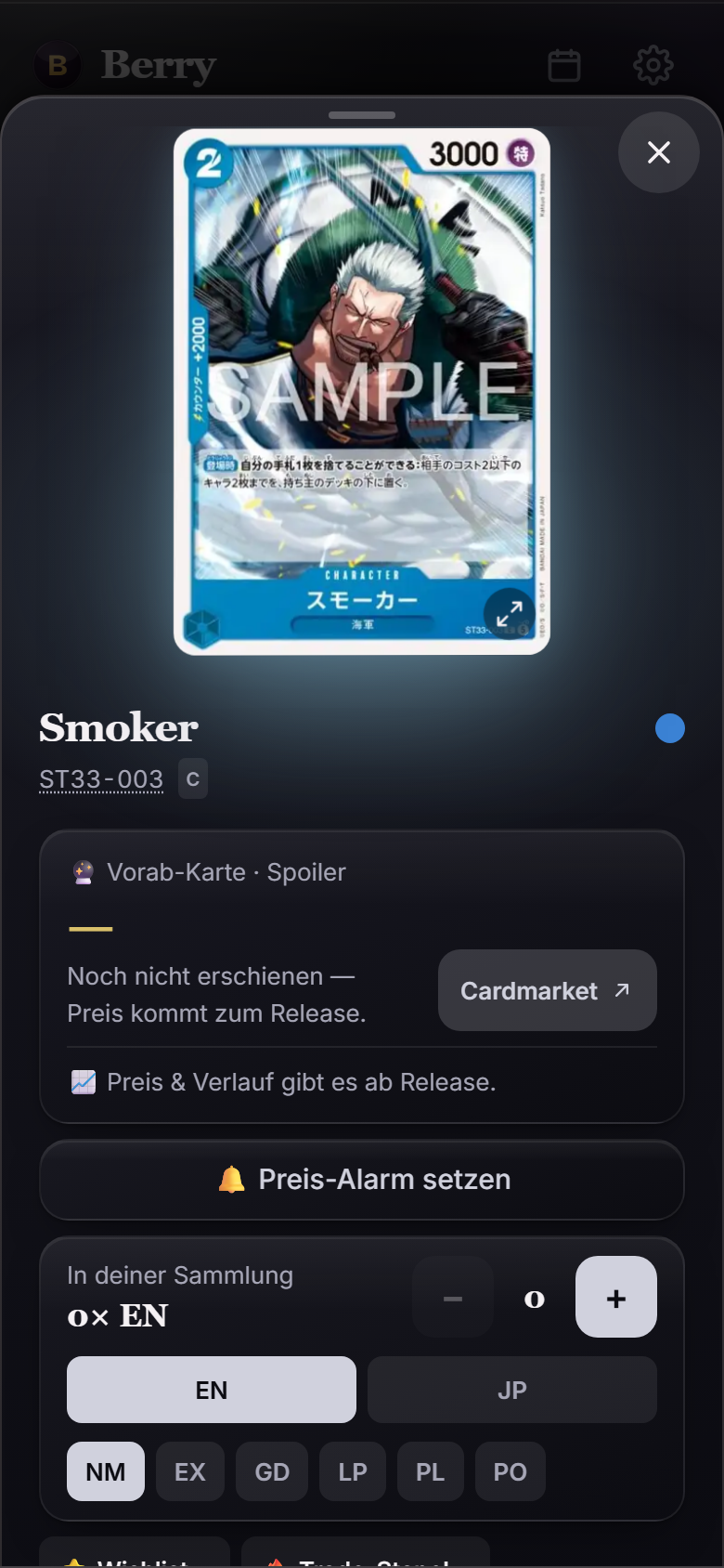 Berry Startseite mit Sammlungswert und Schnellaktionen